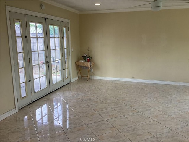 822 Greenberry Dr, La Puente, CA 91744 - empty room with french doors, ornamental molding, baseboards, recessed lighting, and a ceiling fan