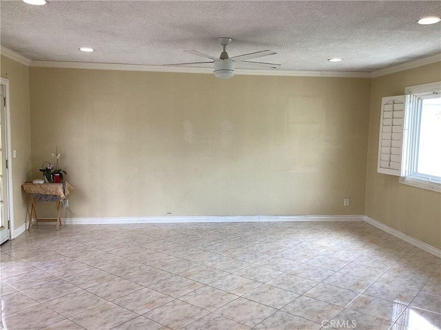822 Greenberry Dr, La Puente, CA 91744 - empty room featuring a textured ceiling, crown molding, recessed lighting, ceiling fan, and light tile patterned flooring