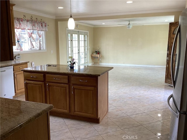 822 Greenberry Dr, La Puente, CA 91744 - kitchen with dishwasher, freestanding refrigerator, ornamental molding, a ceiling fan, and light tile patterned floors