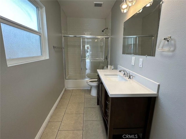 bathroom featuring tile patterned flooring, visible vents, toilet, vanity, and baseboards