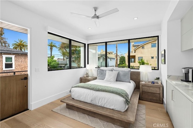429 Marigold Ave, Corona Del Mar, CA 92625 - bedroom featuring ceiling fan, baseboards, light wood-type flooring, and recessed lighting