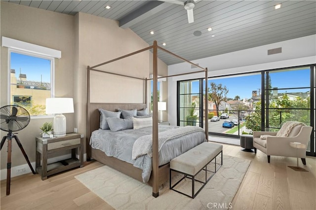 429 Marigold Ave, Corona Del Mar, CA 92625 - bedroom featuring light wood finished floors, lofted ceiling with beams, and multiple windows