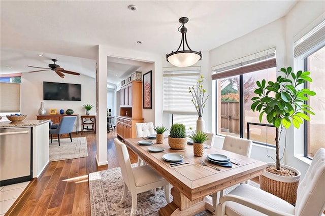 3014 Enrique Unit 98, San Clemente, CA 92673 - dining area featuring plenty of natural light, a ceiling fan, and wood-type flooring