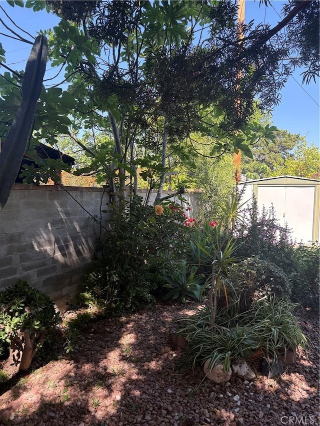 view of yard with an outbuilding, a storage unit, and fence