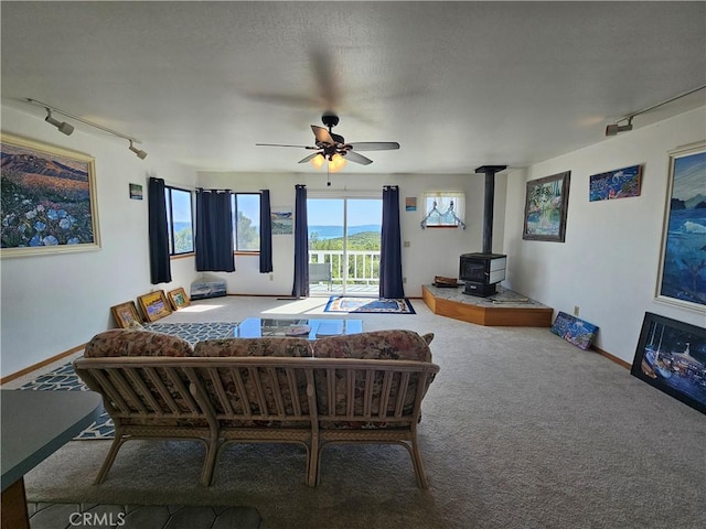 living area with carpet, track lighting, a wood stove, baseboards, and ceiling fan