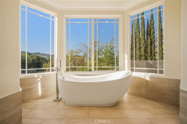 full bathroom featuring ornamental molding, a soaking tub, and tile patterned floors
