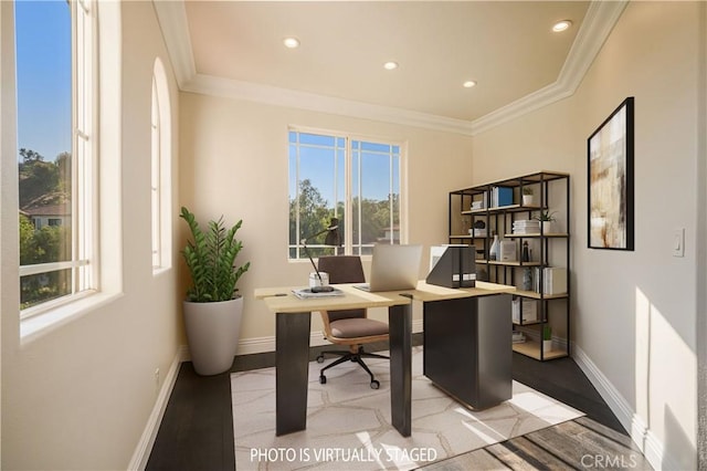 home office with crown molding, baseboards, light wood-style flooring, and recessed lighting