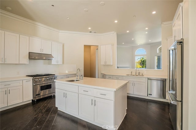 kitchen with high end appliances, a sink, under cabinet range hood, ornamental molding, and light countertops