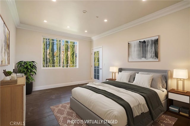 bedroom featuring dark wood-style flooring, baseboards, recessed lighting, and ornamental molding
