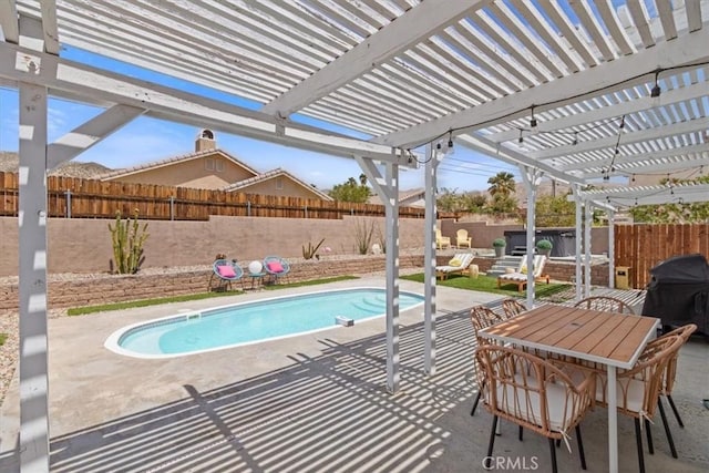 view of swimming pool featuring a fenced in pool, a grill, a pergola, a fenced backyard, and a patio area