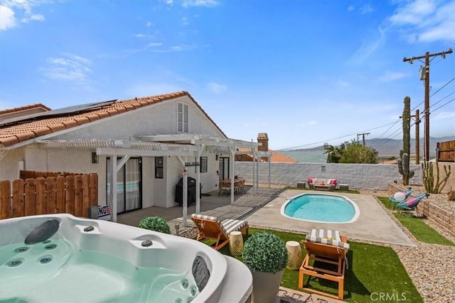 view of pool featuring a fenced in pool, a pergola, a fenced backyard, a patio, and a hot tub