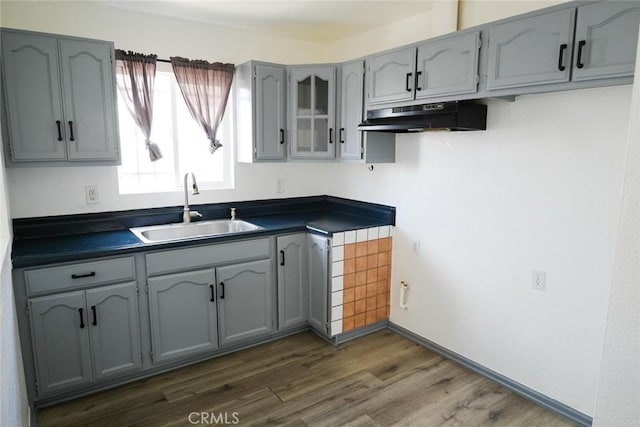 342434241/2 Paloma St, Los Angeles, CA 90011 - kitchen featuring under cabinet range hood, a sink, gray cabinets, and dark wood-type flooring