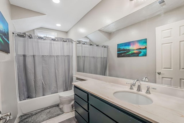 2752 Lemon Dr, Simi Valley, CA 93063 - full bath featuring shower / tub combo with curtain, vanity, tile patterned flooring, lofted ceiling, and recessed lighting
