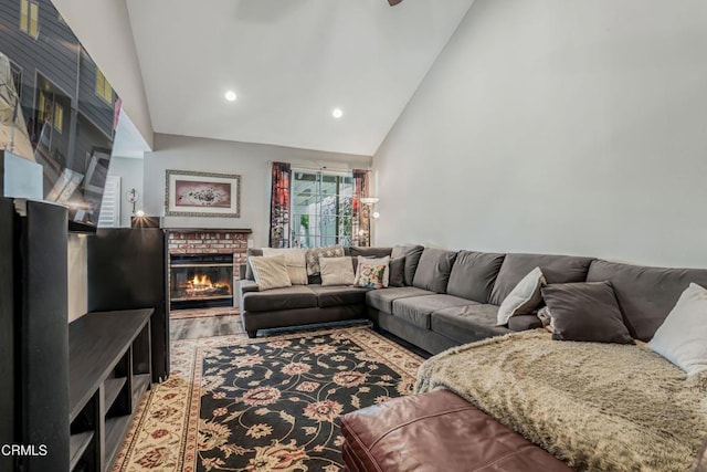 2752 Lemon Dr, Simi Valley, CA 93063 - living room with a brick fireplace, high vaulted ceiling, and recessed lighting