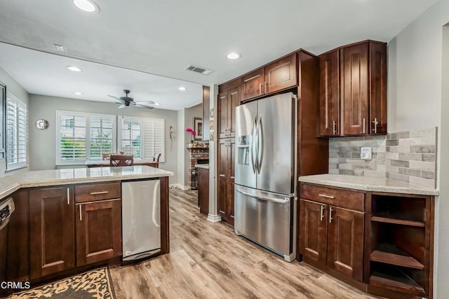 2752 Lemon Dr, Simi Valley, CA 93063 - kitchen featuring stainless steel fridge with ice dispenser, light wood-style floors, ceiling fan, recessed lighting, and decorative backsplash