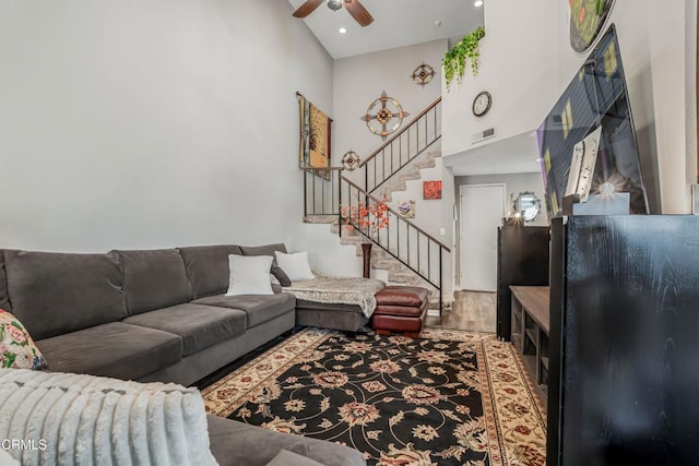 2752 Lemon Dr, Simi Valley, CA 93063 - living room featuring high vaulted ceiling, a ceiling fan, stairs, wood finished floors, and recessed lighting