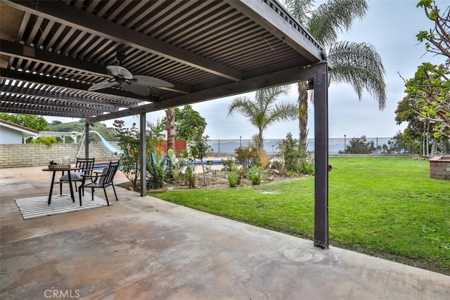 view of patio with a ceiling fan, fence, and a pergola