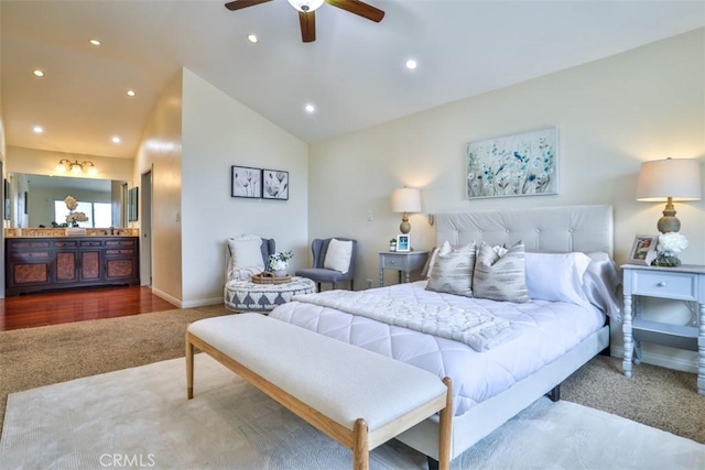 bedroom featuring lofted ceiling, baseboards, ceiling fan, recessed lighting, and carpet flooring