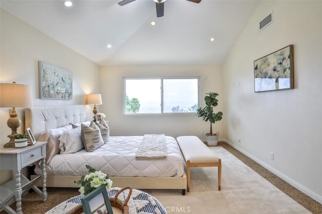 bedroom featuring baseboards, carpet, lofted ceiling, and visible vents