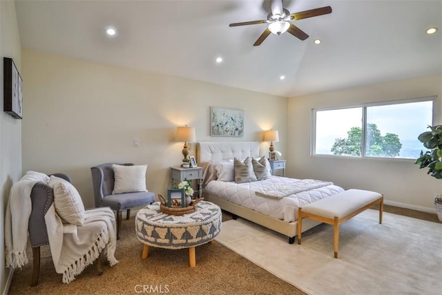 bedroom featuring recessed lighting, a ceiling fan, carpet, and lofted ceiling