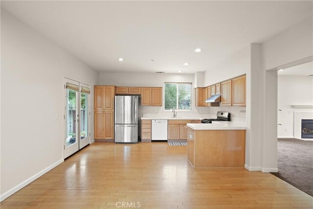kitchen featuring recessed lighting, under cabinet range hood, stainless steel appliances, light countertops, and a sink