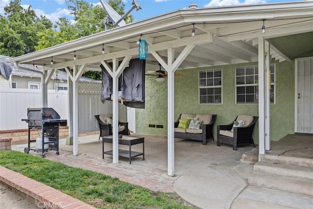 3432 N Arrowhead Ave, San Bernardino, CA 92405 - view of patio with an outdoor hangout area, fence, ceiling fan, and area for grilling