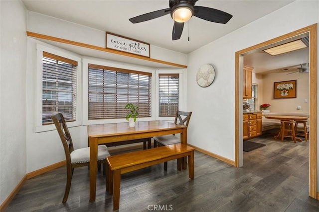 3432 N Arrowhead Ave, San Bernardino, CA 92405 - dining area with a ceiling fan, baseboards, and dark wood-type flooring