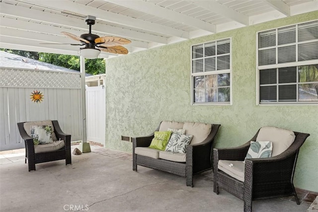3432 N Arrowhead Ave, San Bernardino, CA 92405 - view of patio / terrace featuring fence, ceiling fan, and an outdoor hangout area
