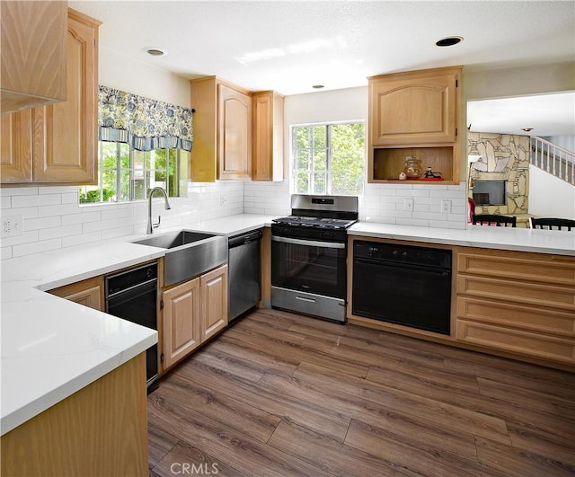 kitchen with light brown cabinetry, a healthy amount of sunlight, appliances with stainless steel finishes, and a sink