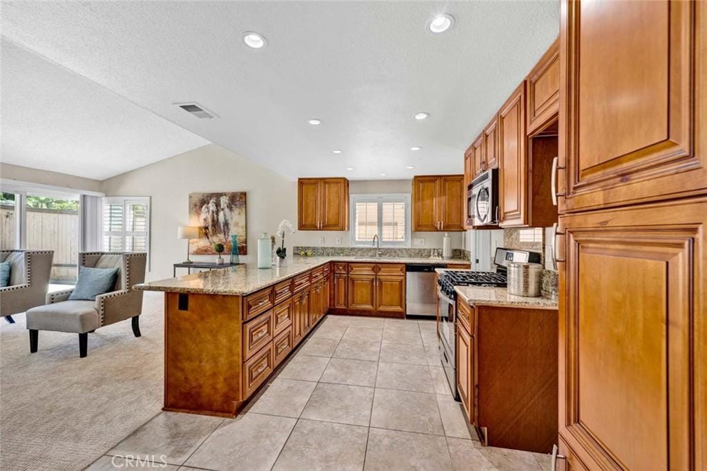 kitchen with brown cabinetry, stainless steel appliances, a peninsula, and plenty of natural light