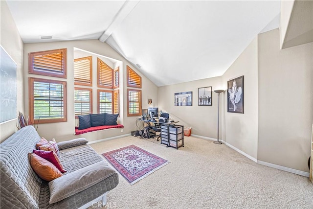 living room featuring baseboards, plenty of natural light, carpet floors, and vaulted ceiling