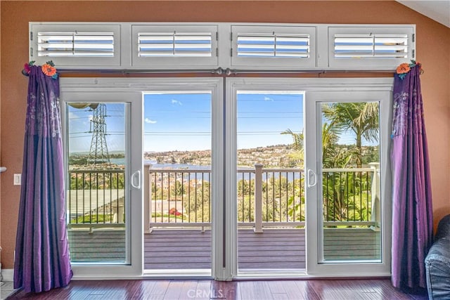 doorway to outside featuring a water view and wood-type flooring