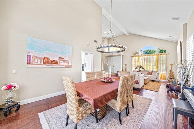 dining area featuring wood finished floors, lofted ceiling with beams, visible vents, and baseboards