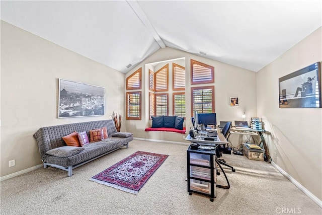 office with carpet flooring, vaulted ceiling with beams, and baseboards
