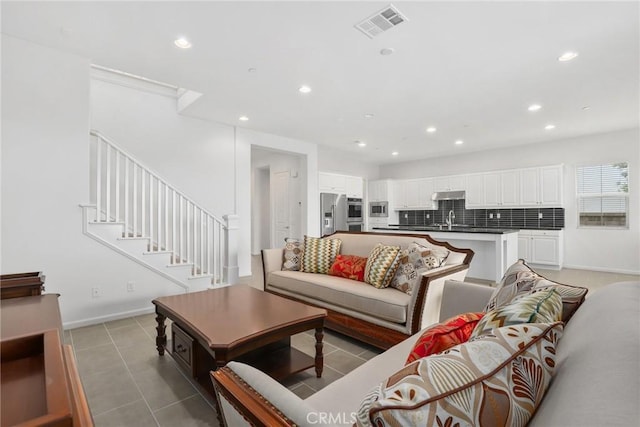 676 E Desert Willow Rd, Azusa, CA 91702 - living area featuring stairs, light tile patterned floors, baseboards, visible vents, and recessed lighting