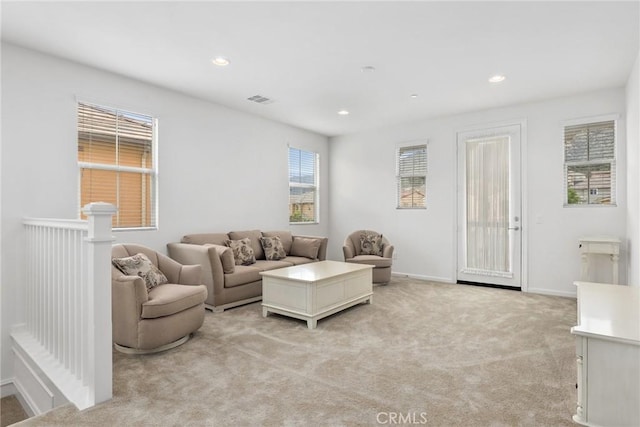 676 E Desert Willow Rd, Azusa, CA 91702 - living area featuring light carpet, baseboards, visible vents, and recessed lighting