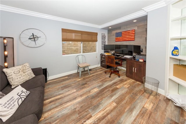 23015 Edenton Pl, Valencia, CA 91354 - home office featuring baseboards, crown molding, and wood finished floors