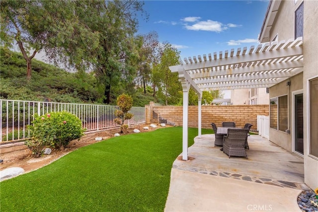 23015 Edenton Pl, Valencia, CA 91354 - view of yard featuring a fenced backyard, a pergola, a patio area, and outdoor dining area
