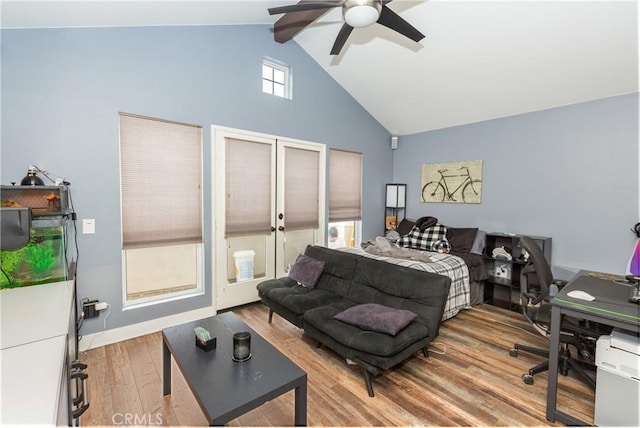 23015 Edenton Pl, Valencia, CA 91354 - bedroom with high vaulted ceiling, ceiling fan, french doors, and wood finished floors