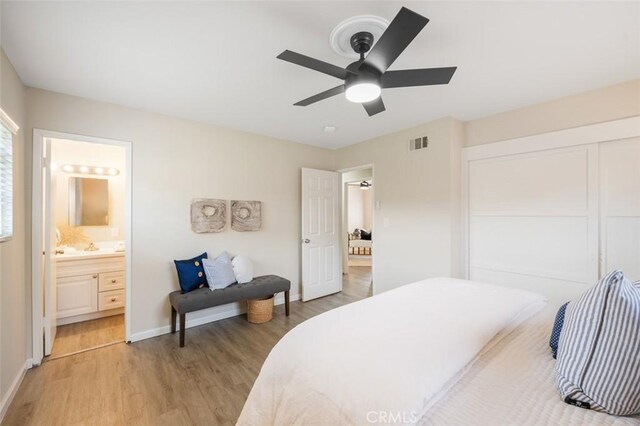 653 Joann St, Costa Mesa, CA 92627 - bedroom featuring ceiling fan, visible vents, light wood-type flooring, baseboards, and ensuite bath