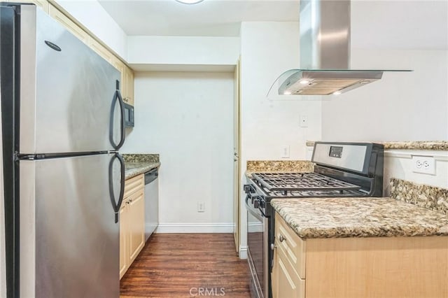 kitchen with stainless steel appliances, island exhaust hood, dark wood-style flooring, baseboards, and light stone countertops