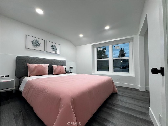 bedroom featuring baseboards, recessed lighting, dark wood finished floors, and vaulted ceiling