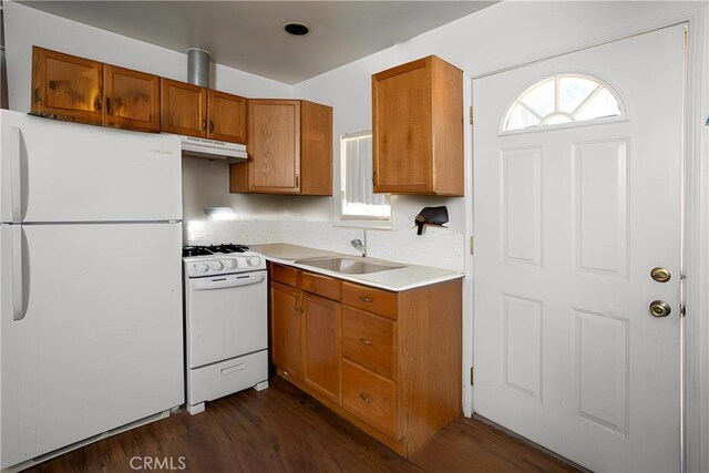 3192 Lytle Creek Rd, Lytle Creek, CA 92358 - kitchen featuring white appliances, a sink, under cabinet range hood, dark wood finished floors, and brown cabinetry