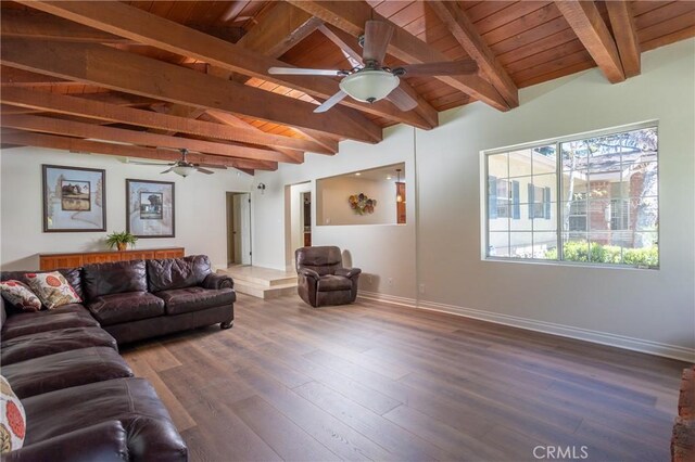 3192 Lytle Creek Rd, Lytle Creek, CA 92358 - living room with ceiling fan, hardwood / wood-style floors, baseboards, and wooden ceiling with exposed beams