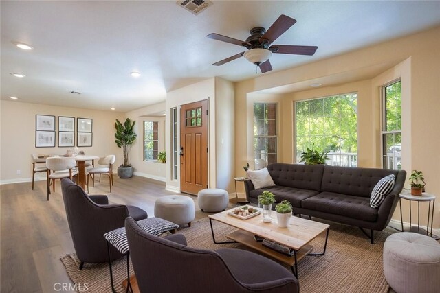 3192 Lytle Creek Rd, Lytle Creek, CA 92358 - living room featuring baseboards, wood finished floors, recessed lighting, and a ceiling fan