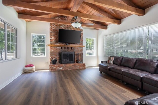 3192 Lytle Creek Rd, Lytle Creek, CA 92358 - living room featuring wood ceiling, wood finished floors, ceiling fan, a fireplace, and baseboards