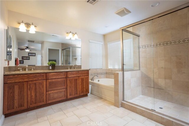 3192 Lytle Creek Rd, Lytle Creek, CA 92358 - bathroom featuring a shower stall, a bath, double vanity, and ceiling fan