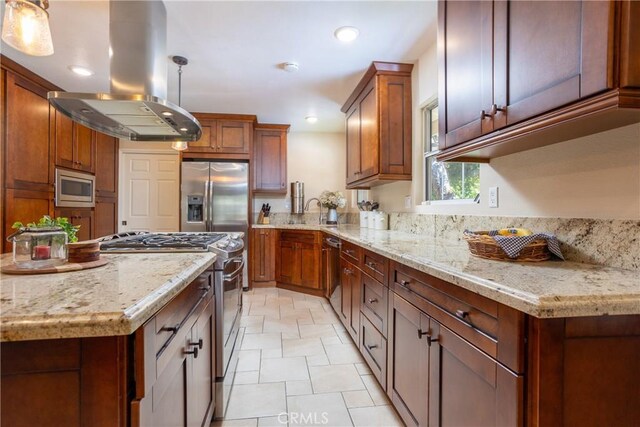 3192 Lytle Creek Rd, Lytle Creek, CA 92358 - kitchen featuring stainless steel appliances, island exhaust hood, light stone counters, recessed lighting, and pendant lighting