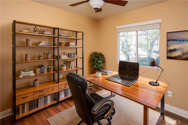 3192 Lytle Creek Rd, Lytle Creek, CA 92358 - office area featuring ceiling fan, baseboards, and wood finished floors