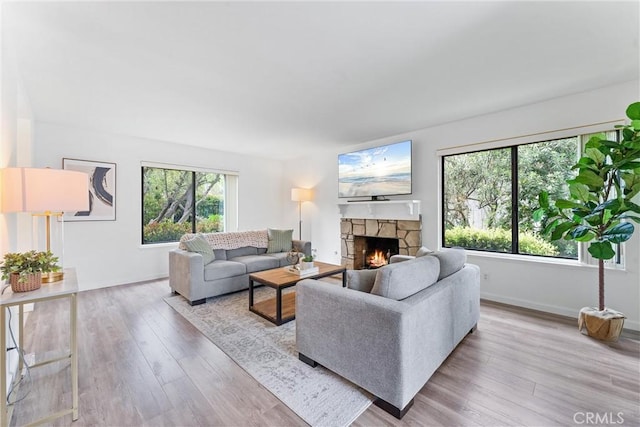 living room featuring baseboards, wood finished floors, and a fireplace